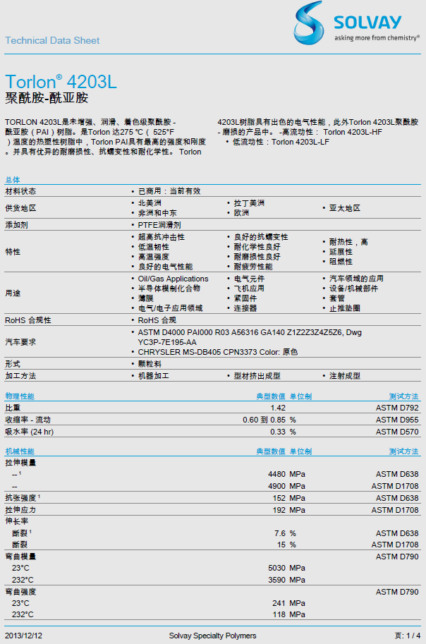 索尔维solvay pai torlon 4203l原厂中文物性表